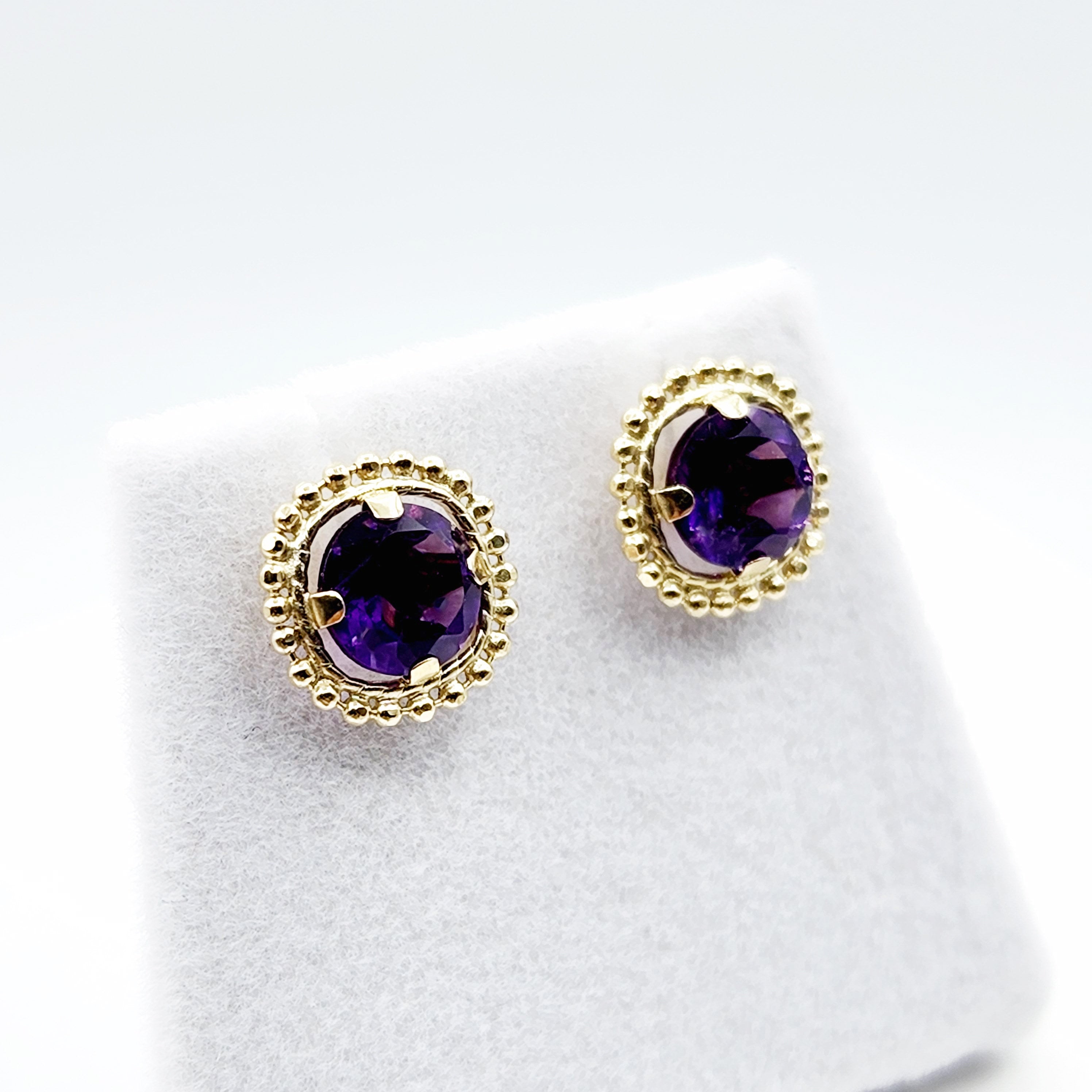 Gold Amethyst Earrings | 10K Yellow Gold Milgrain Design Genuine Amethyst 6x6mm Stud Earrings | Genuine Amethyst Earrings for Women
