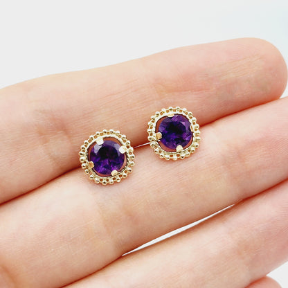Gold Amethyst Earrings | 10K Yellow Gold Milgrain Design Genuine Amethyst 6x6mm Stud Earrings | Genuine Amethyst Earrings for Women