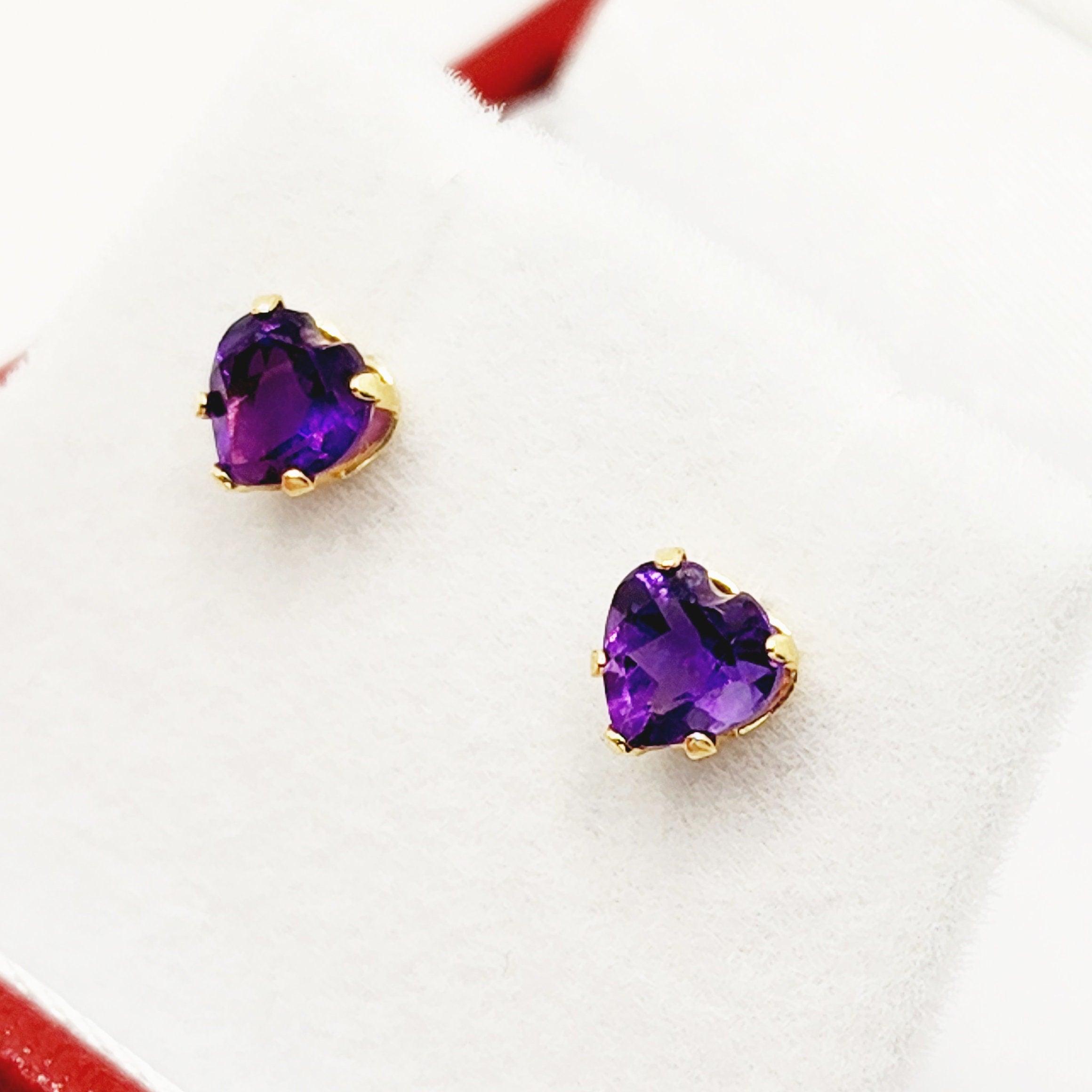10K Yellow Gold Heart-Shaped Genuine Amethyst 5x5mm Stud Earrings, February Birthstone
