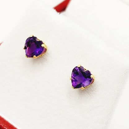 10K Yellow Gold Heart-Shaped Genuine Amethyst 5x5mm Stud Earrings, February Birthstone