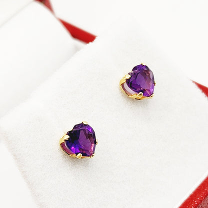 10K Yellow Gold Heart-Shaped Genuine Amethyst 5x5mm Stud Earrings, February Birthstone