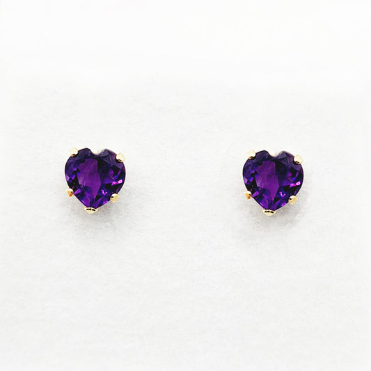10K Yellow Gold Heart-Shaped Genuine Amethyst 5x5mm Stud Earrings, February Birthstone