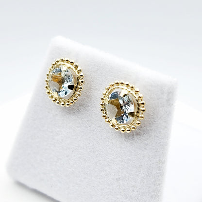 Gold Aquamarine Stud Earring, 10k Yellow Gold Milgrain Genuine Aquamarine 6x6mm Stud Earrings for Women, Handmade March Birthstone Earring