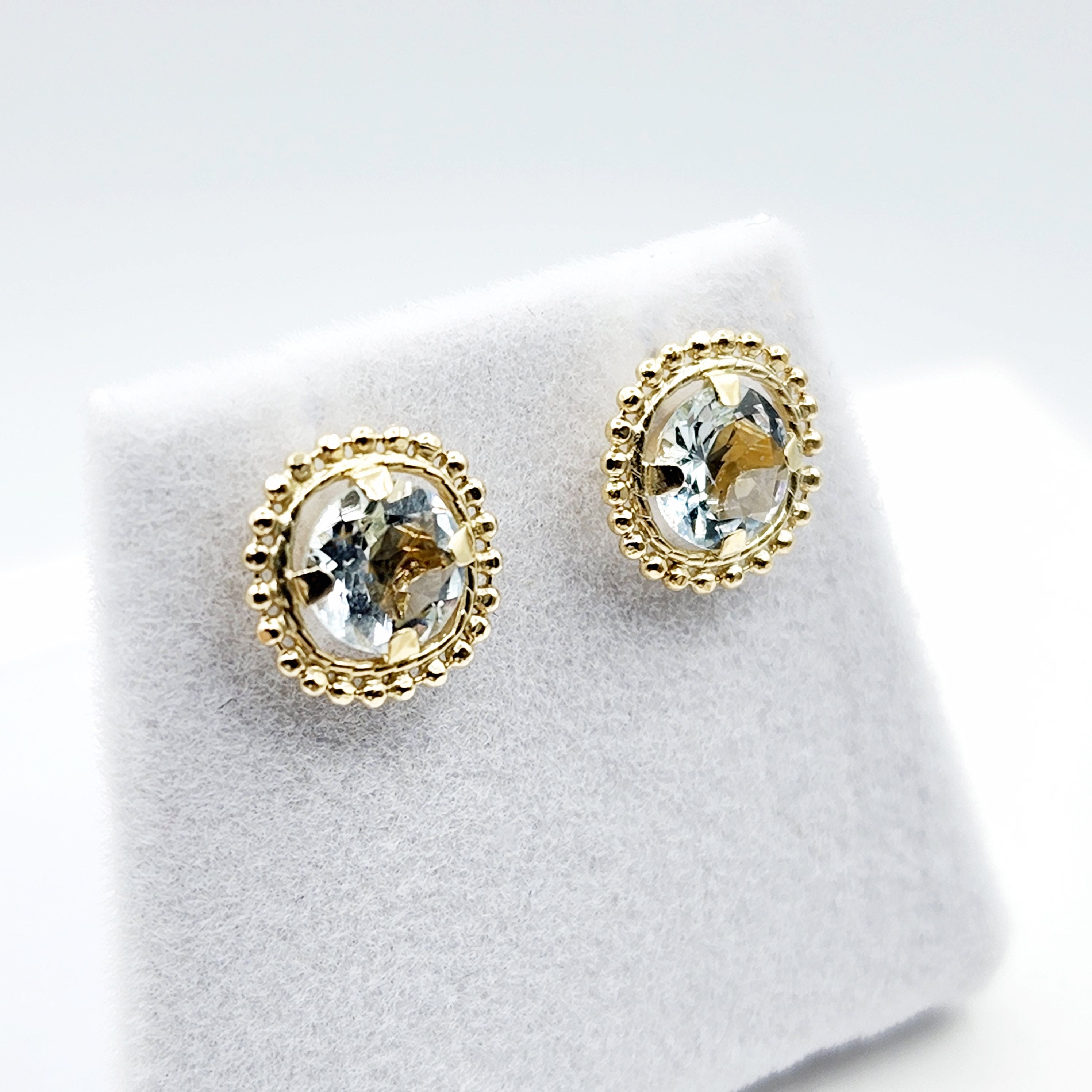 Gold Aquamarine Stud Earring, 10k Yellow Gold Milgrain Genuine Aquamarine 6x6mm Stud Earrings for Women, Handmade March Birthstone Earring