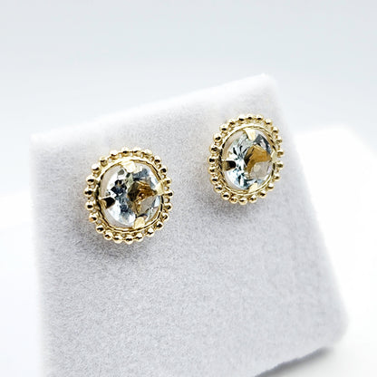 Gold Aquamarine Stud Earring, 10k Yellow Gold Milgrain Genuine Aquamarine 6x6mm Stud Earrings for Women, Handmade March Birthstone Earring