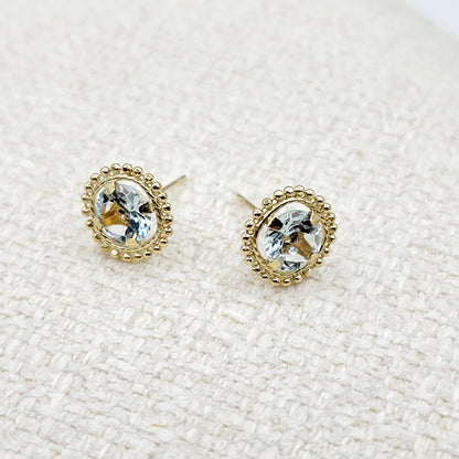 Gold Aquamarine Stud Earring, 10k Yellow Gold Milgrain Genuine Aquamarine 6x6mm Stud Earrings for Women, Handmade March Birthstone Earring