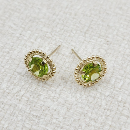 Gold Peridot Earrings, 10K Yellow Gold Milgrain Design Genuine Peridot 6x6mm Stud Earrings, Peridot Earrings for Women