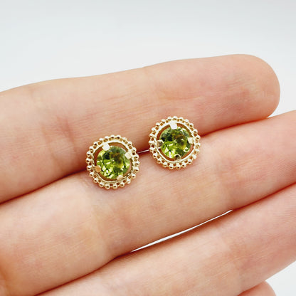 Gold Peridot Earrings, 10K Yellow Gold Milgrain Design Genuine Peridot 6x6mm Stud Earrings, Peridot Earrings for Women
