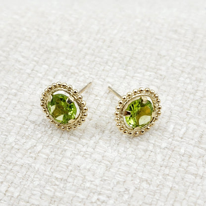 Gold Peridot Earrings, 10K Yellow Gold Milgrain Design Genuine Peridot 6x6mm Stud Earrings, Peridot Earrings for Women