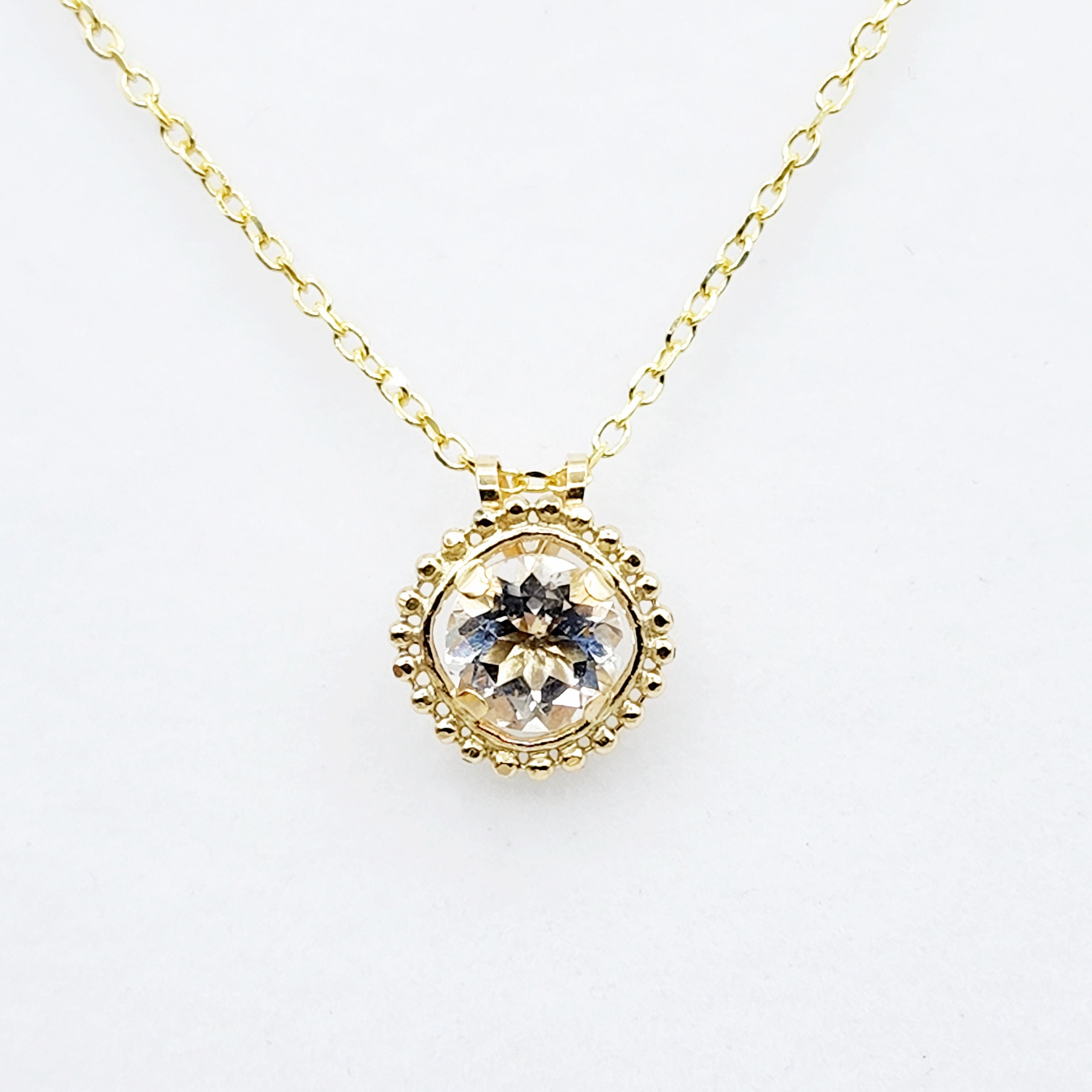 Gold White Topaz Pendant | 10K Yellow Gold Milgrain Genuine White Topaz 6x6mm Pendant | White Topaz Necklace for Women