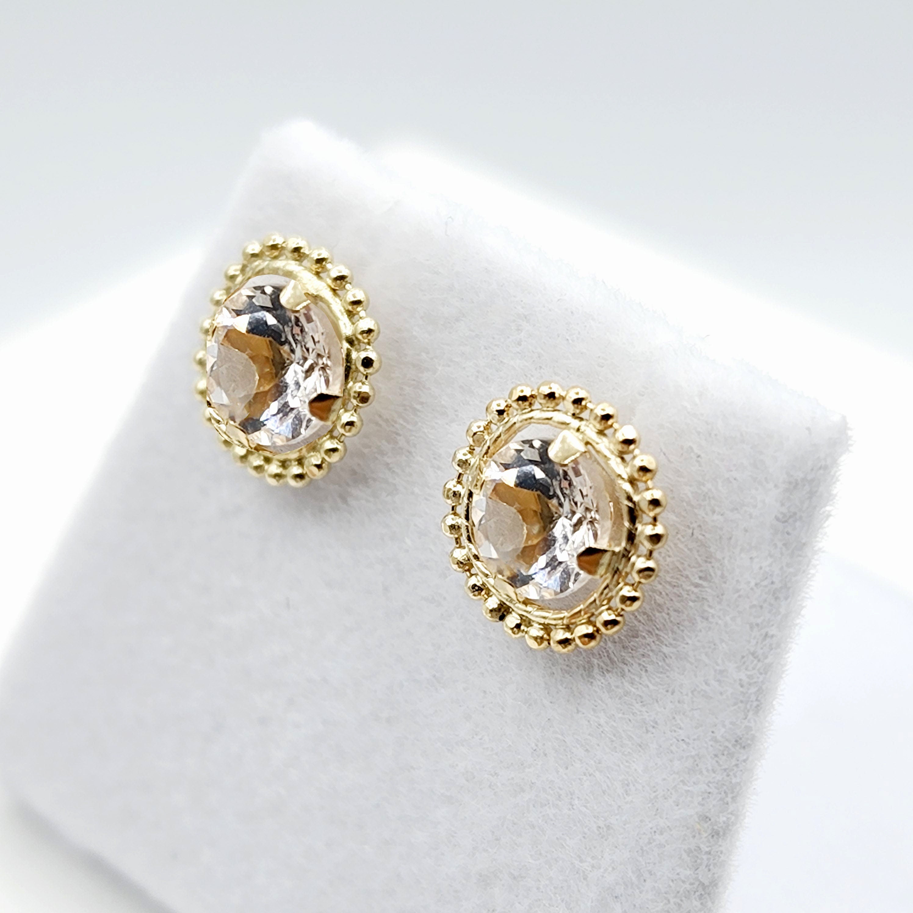 Gold White Topaz Earrings, 10K Yellow Gold Milgrain Genuine White Topaz 6x6mm Stud Earrings, Fine jewelry, Elegant accessories, Gold Jewelry