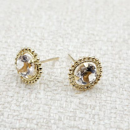 Gold White Topaz Earrings, 10K Yellow Gold Milgrain Genuine White Topaz 6x6mm Stud Earrings, Fine jewelry, Elegant accessories, Gold Jewelry