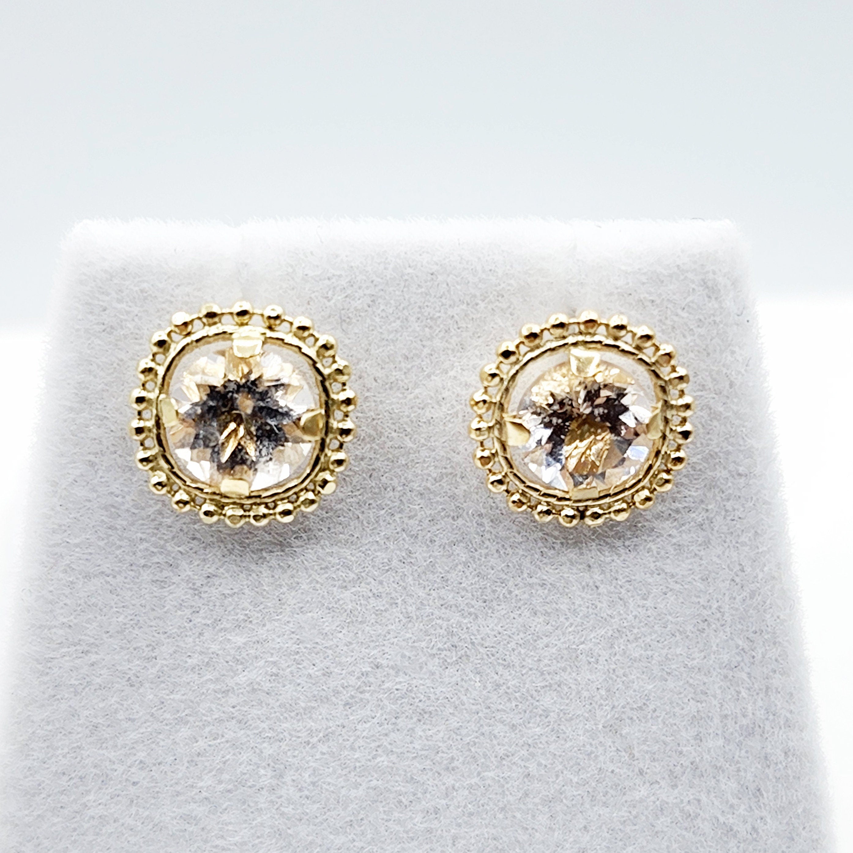 Gold White Topaz Earrings, 10K Yellow Gold Milgrain Genuine White Topaz 6x6mm Stud Earrings, Fine jewelry, Elegant accessories, Gold Jewelry