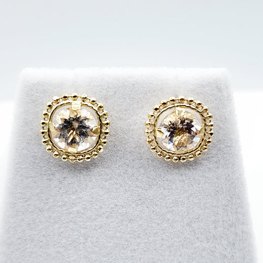 Gold White Topaz Earrings, 10K Yellow Gold Milgrain Genuine White Topaz 6x6mm Stud Earrings, Fine jewelry, Elegant accessories, Gold Jewelry