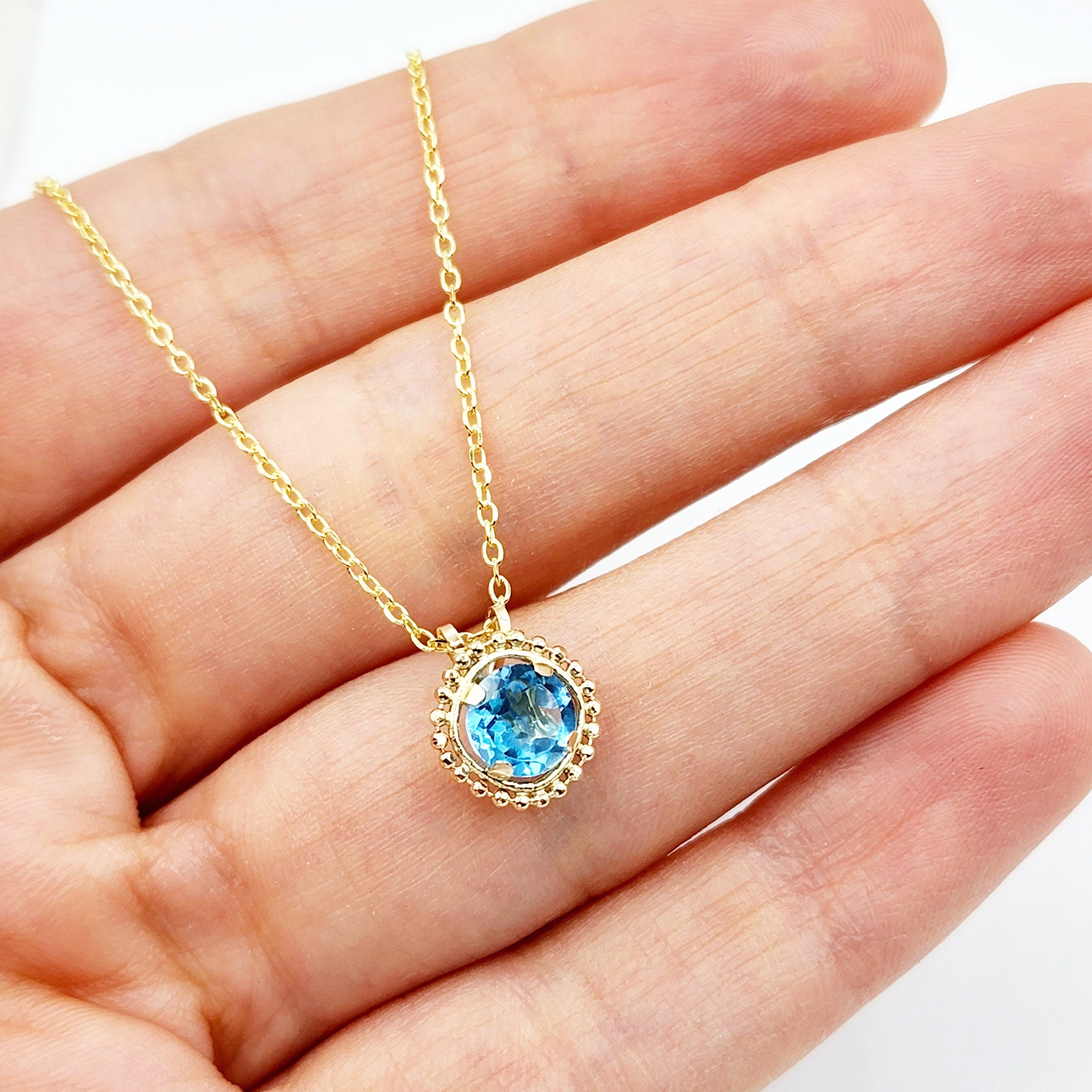 Gold Blue Topaz Pendant | 10K Yellow Gold Milgrain Genuine Blue Topaz 6x6mm Pendant | Blue Topaz Necklace for Women
