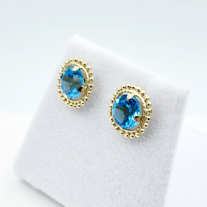 Gold Blue Topaz Earrings, 10K Yellow Gold Milgrain Design Genuine Blue Topaz 6x6mm Stud Earrings, Blue Topaz Earrings for Women