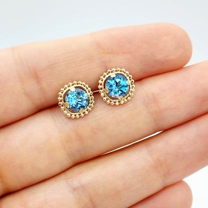 Gold Blue Topaz Earrings, 10K Yellow Gold Milgrain Design Genuine Blue Topaz 6x6mm Stud Earrings, Blue Topaz Earrings for Women