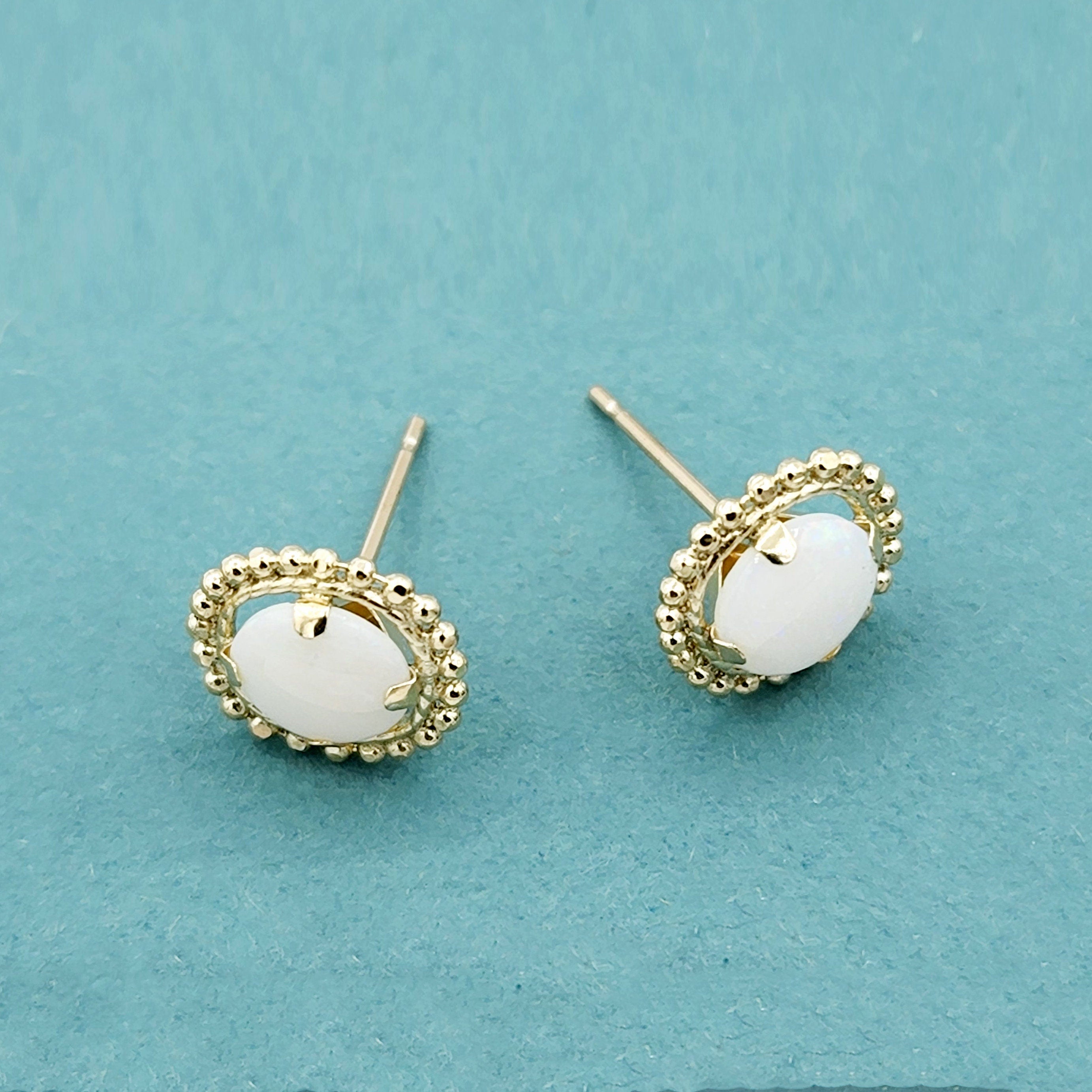 Gold Opal Stud Earrings, 10K Yellow Gold Milgrain Design Genuine Opal 6x6mm Stud Earrings , October Birthstone Earrings Gift for Women