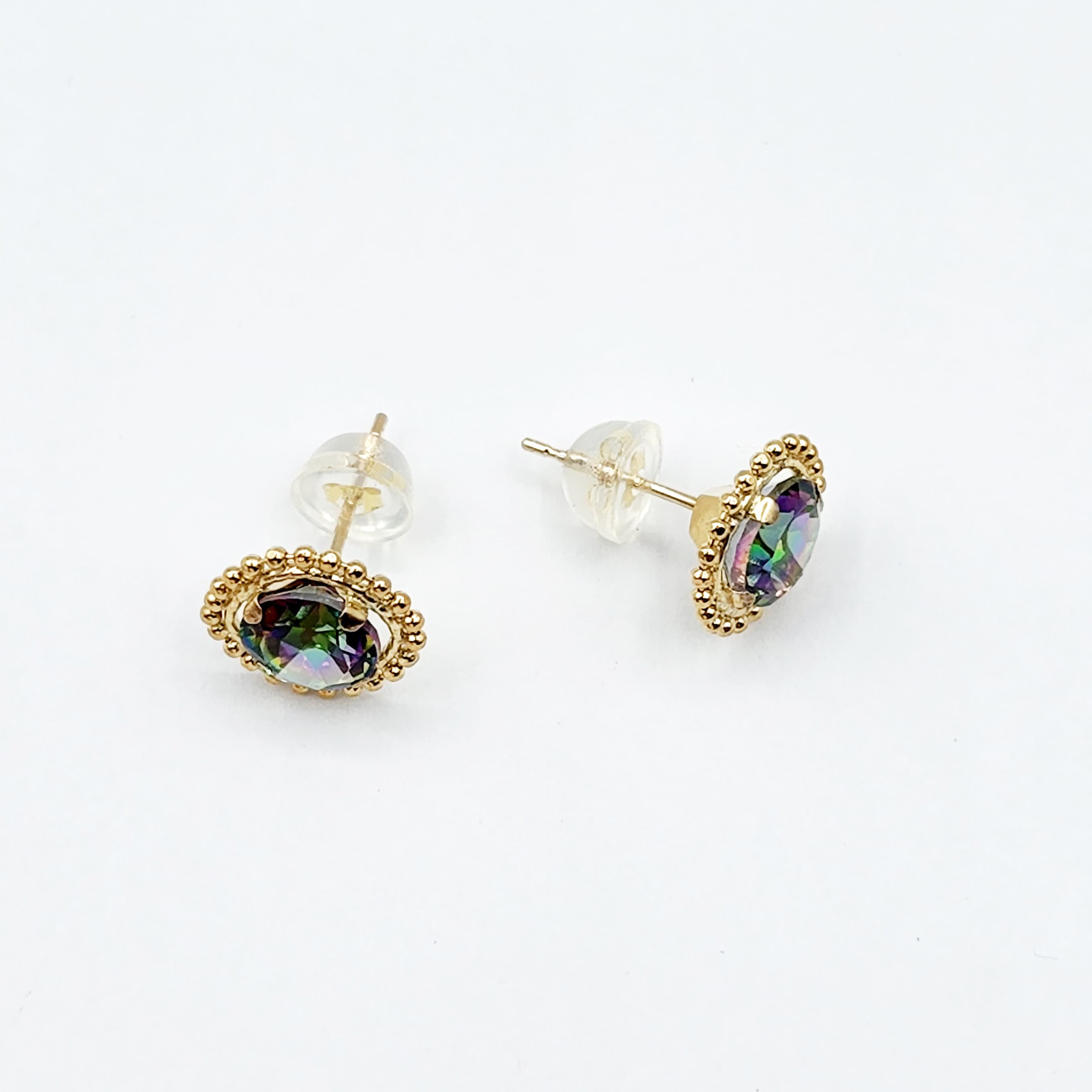 Gold Mystic Topaz Earrings, 10K Yellow Gold Milgrain Design Genuine Mystic Topaz 6x6mm Stud Earrings, Gemstone Versatile Earrings for Women