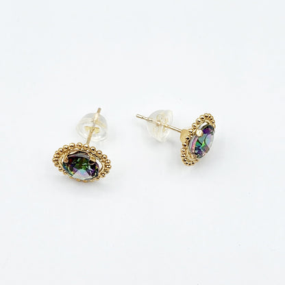 Gold Mystic Topaz Earrings, 10K Yellow Gold Milgrain Design Genuine Mystic Topaz 6x6mm Stud Earrings, Gemstone Versatile Earrings for Women
