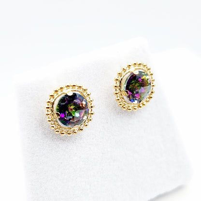 Gold Mystic Topaz Earrings, 10K Yellow Gold Milgrain Design Genuine Mystic Topaz 6x6mm Stud Earrings, Gemstone Versatile Earrings for Women