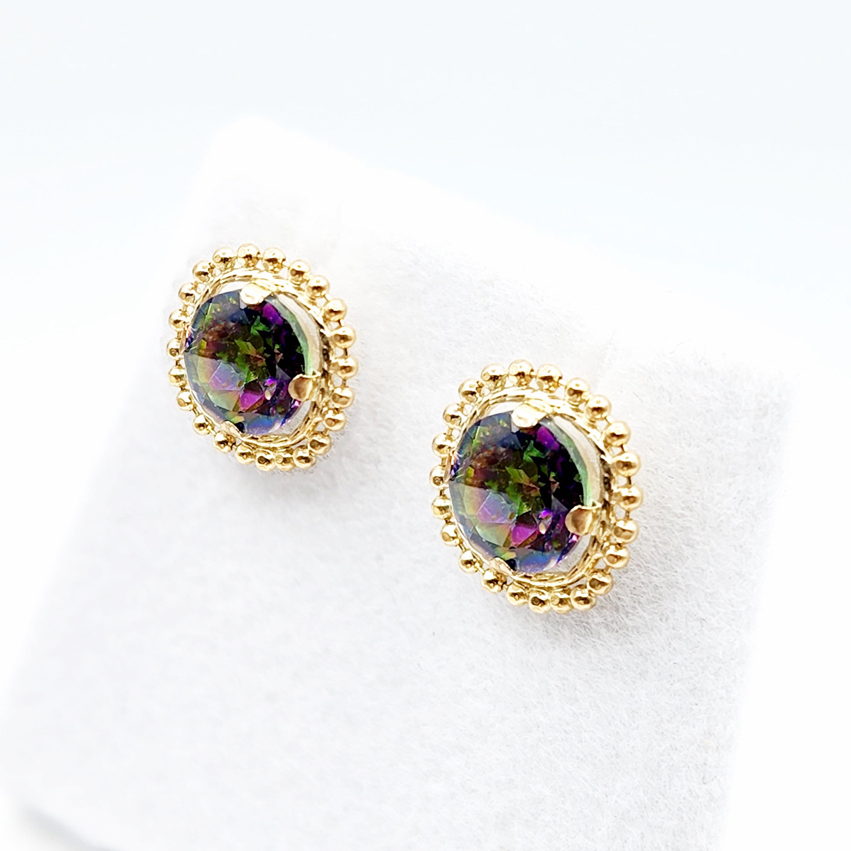 Gold Mystic Topaz Earrings, 10K Yellow Gold Milgrain Design Genuine Mystic Topaz 6x6mm Stud Earrings, Gemstone Versatile Earrings for Women