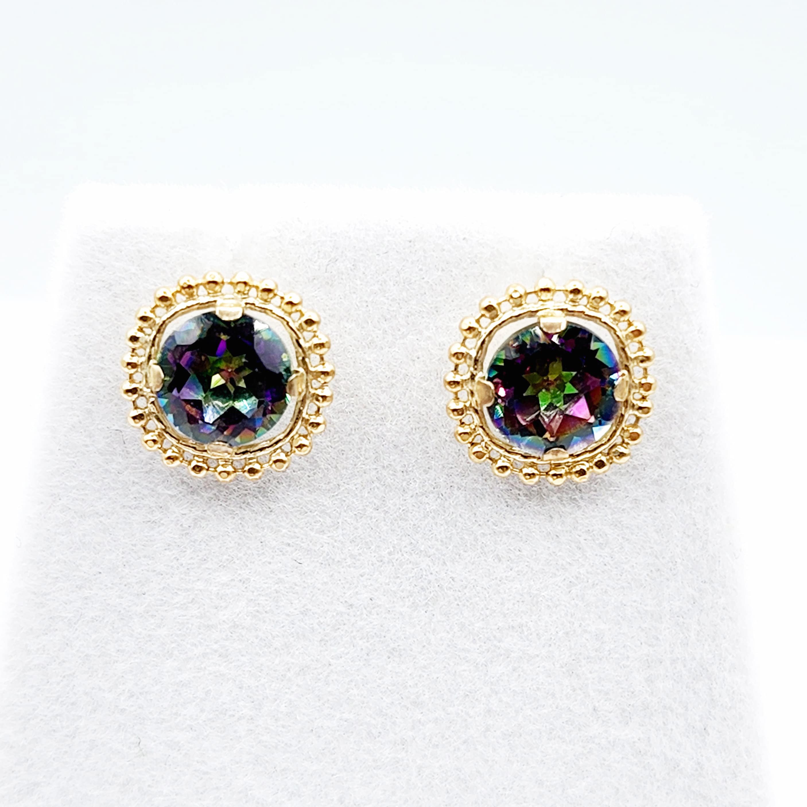 Gold Mystic Topaz Earrings, 10K Yellow Gold Milgrain Design Genuine Mystic Topaz 6x6mm Stud Earrings, Gemstone Versatile Earrings for Women