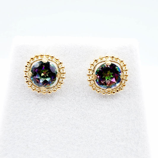 Gold Mystic Topaz Earrings, 10K Yellow Gold Milgrain Design Genuine Mystic Topaz 6x6mm Stud Earrings, Gemstone Versatile Earrings for Women