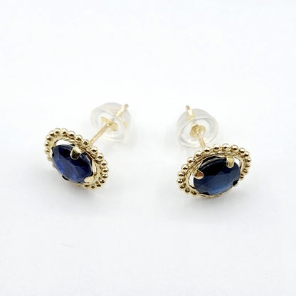 Gold Blue Sapphire Earrings, 10K Yellow Gold Milgrain Design Genuine Blue Sapphire 6x6mm Stud Earrings Birthstone Earrings for Women