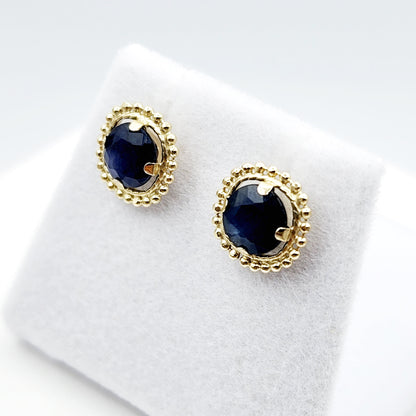Gold Blue Sapphire Earrings, 10K Yellow Gold Milgrain Design Genuine Blue Sapphire 6x6mm Stud Earrings Birthstone Earrings for Women