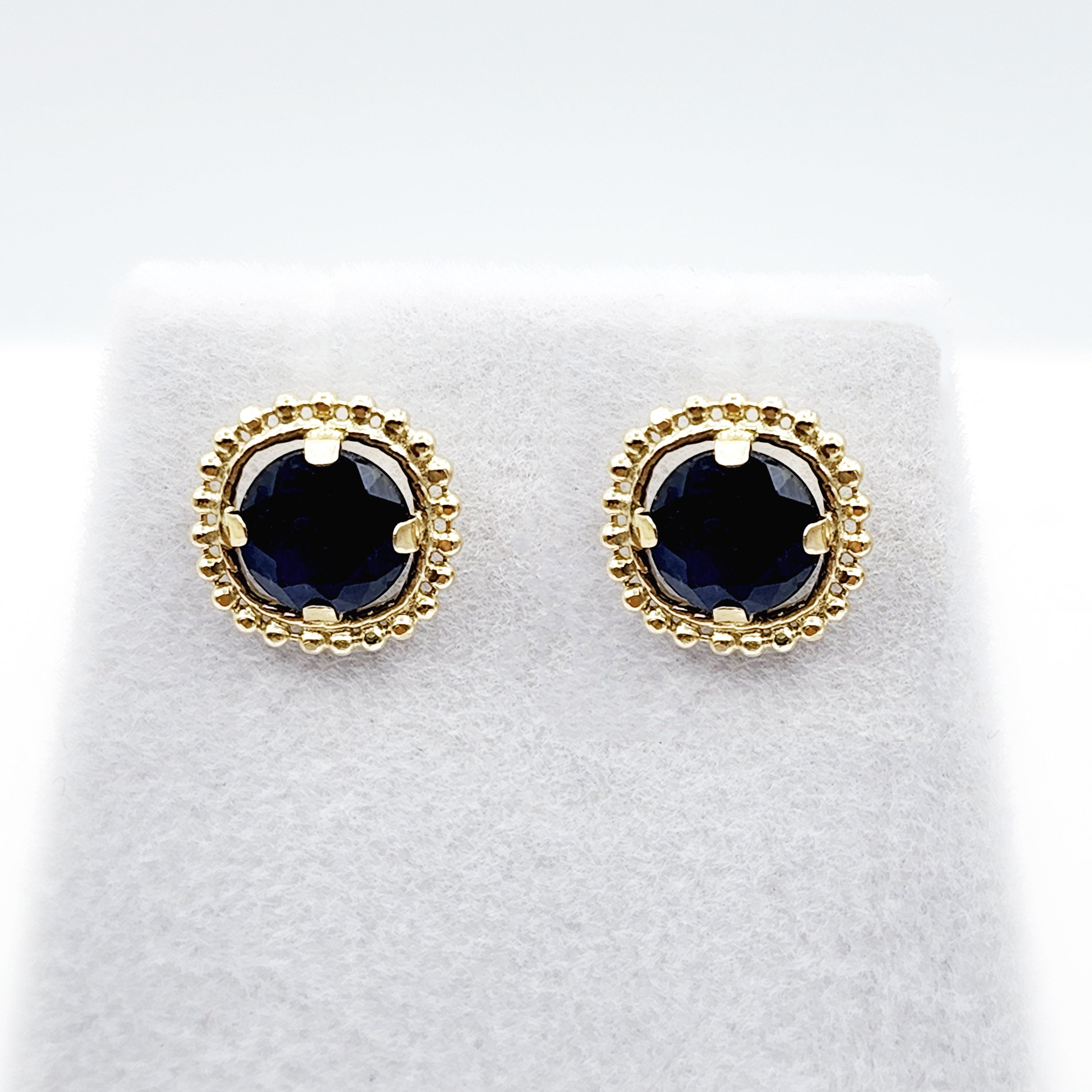 Gold Blue Sapphire Earrings, 10K Yellow Gold Milgrain Design Genuine Blue Sapphire 6x6mm Stud Earrings Birthstone Earrings for Women