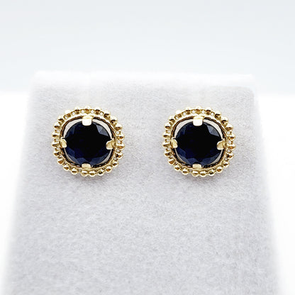 Gold Blue Sapphire Earrings, 10K Yellow Gold Milgrain Design Genuine Blue Sapphire 6x6mm Stud Earrings Birthstone Earrings for Women