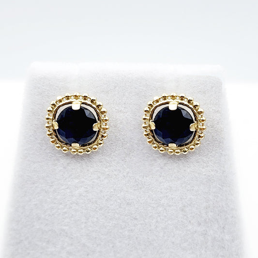 Gold Blue Sapphire Earrings, 10K Yellow Gold Milgrain Design Genuine Blue Sapphire 6x6mm Stud Earrings Birthstone Earrings for Women