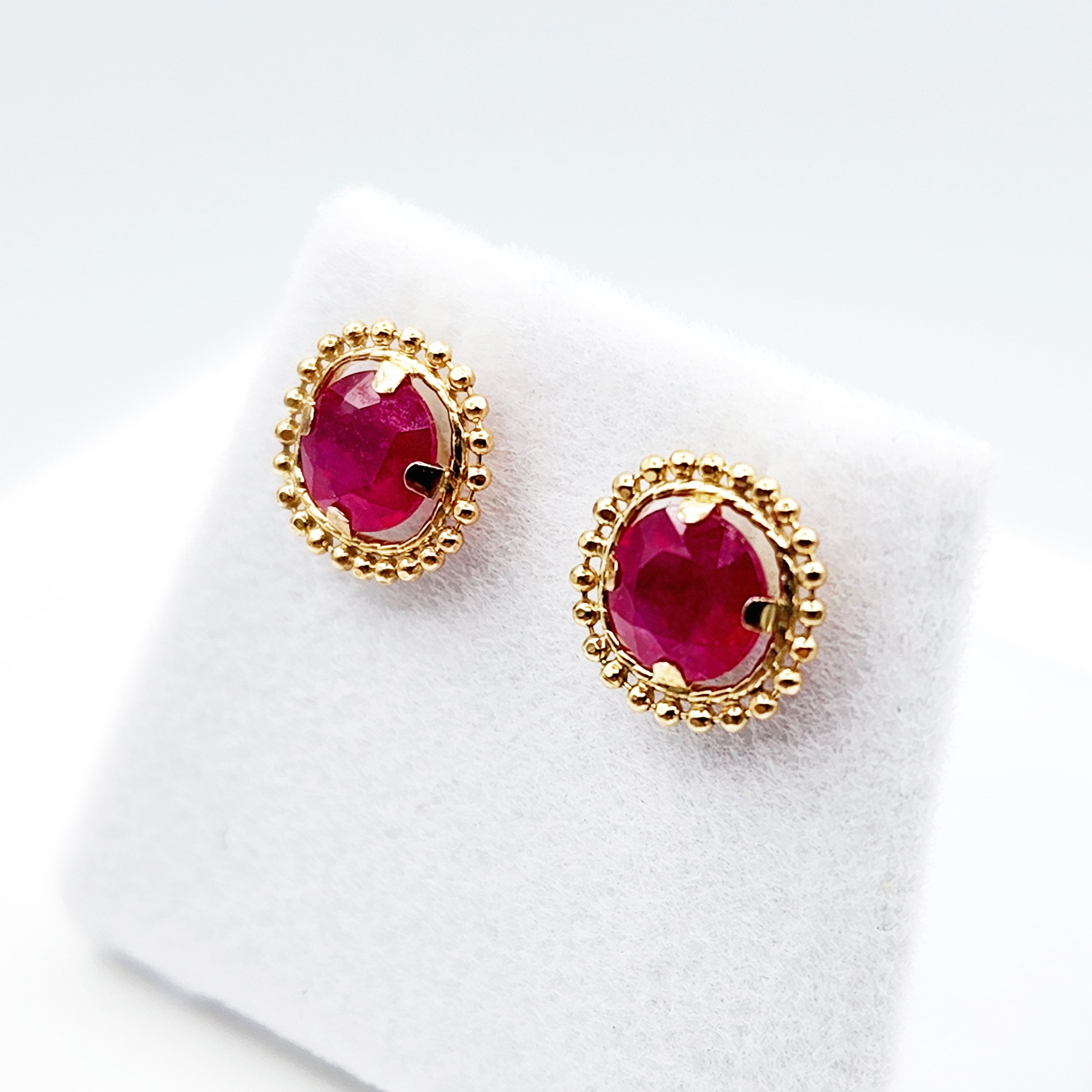 Gold Ruby Earrings, 10K Yellow Gold Milgrain Ruby 6x6mm Stud Earrings, Ruby Earrings, July Birthstone Birthday Gift for Her Women