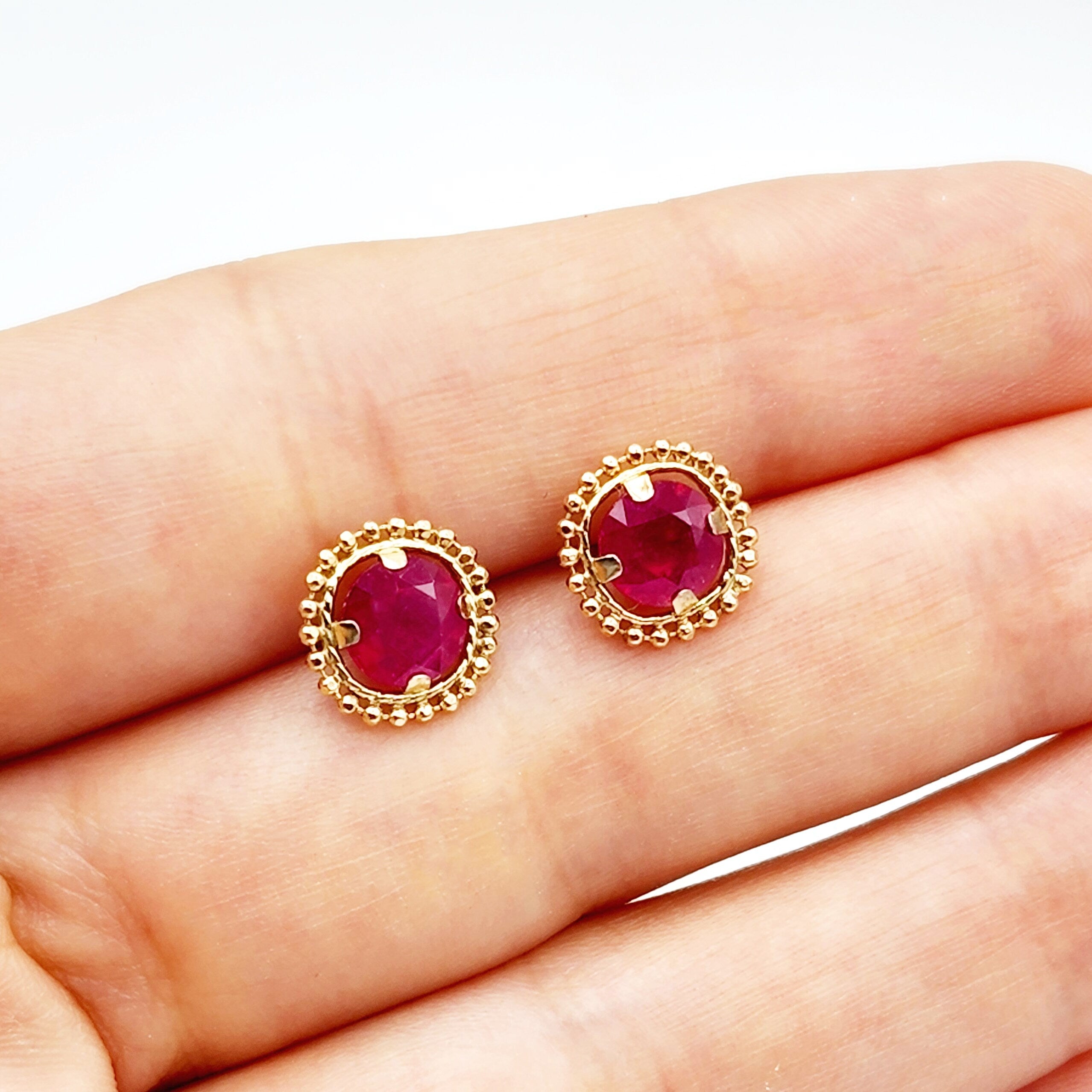 Gold Ruby Earrings, 10K Yellow Gold Milgrain Ruby 6x6mm Stud Earrings, Ruby Earrings, July Birthstone Birthday Gift for Her Women