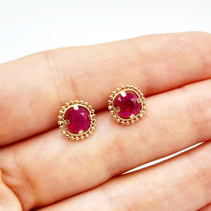 Gold Ruby Earrings, 10K Yellow Gold Milgrain Ruby 6x6mm Stud Earrings, Ruby Earrings, July Birthstone Birthday Gift for Her Women