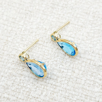 Gold Blue Topaz Stud Earrings, 14k Yellow Gold Teardrop Genuine Blue Topaz 4.7cts Stud Earrings, Gemstone Earrings, December Birthstone