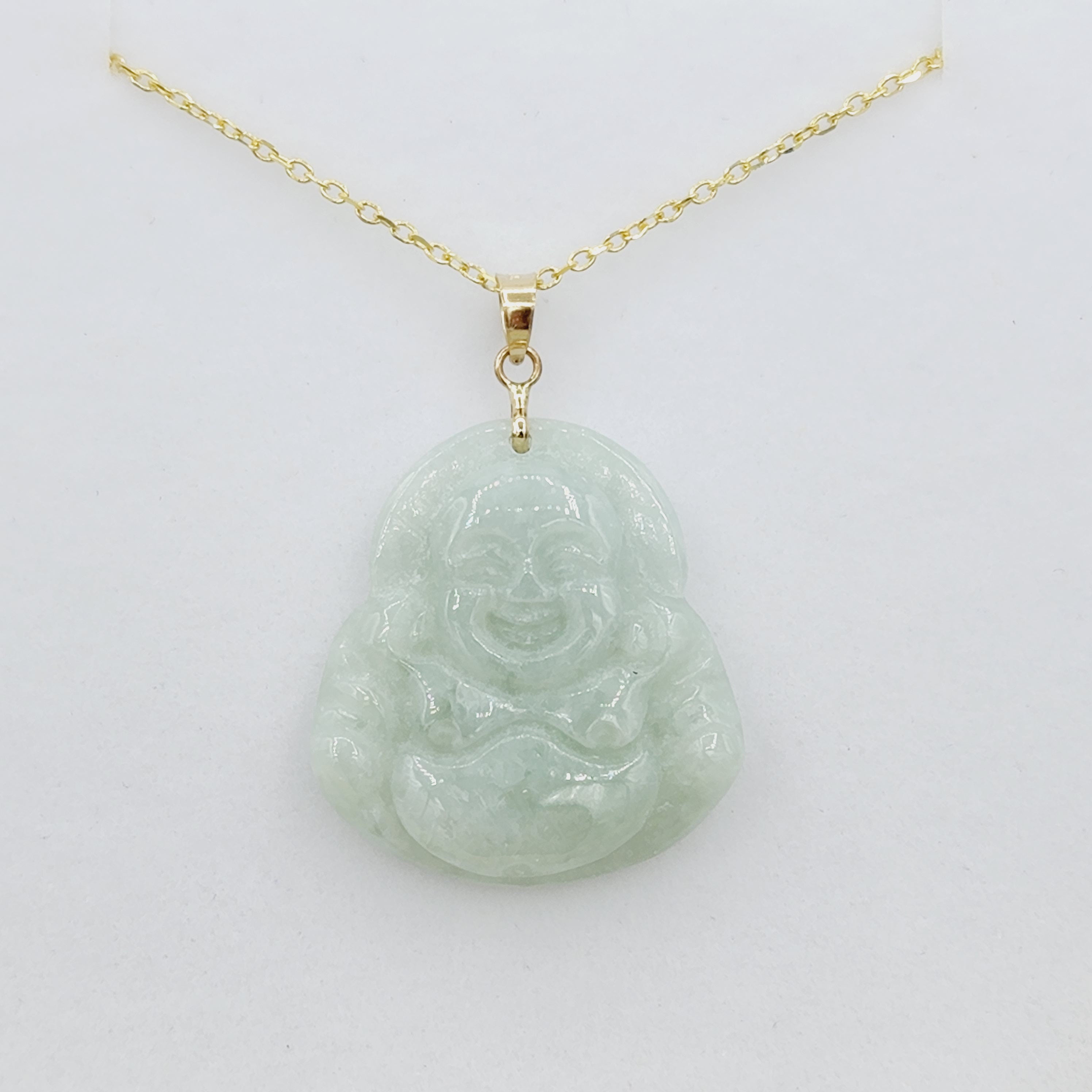 Gold Genuine Green Jade Buddha Pendant Necklace, 14K Yellow Gold Men's Laughing Buddha Green Jade Pendant, Jade Hand Crafted Necklace