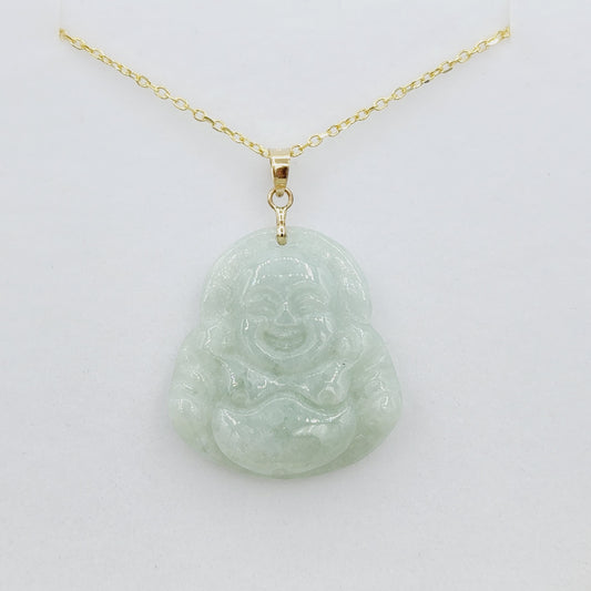 Gold Genuine Green Jade Buddha Pendant Necklace, 14K Yellow Gold Men's Laughing Buddha Green Jade Pendant, Jade Hand Crafted Necklace