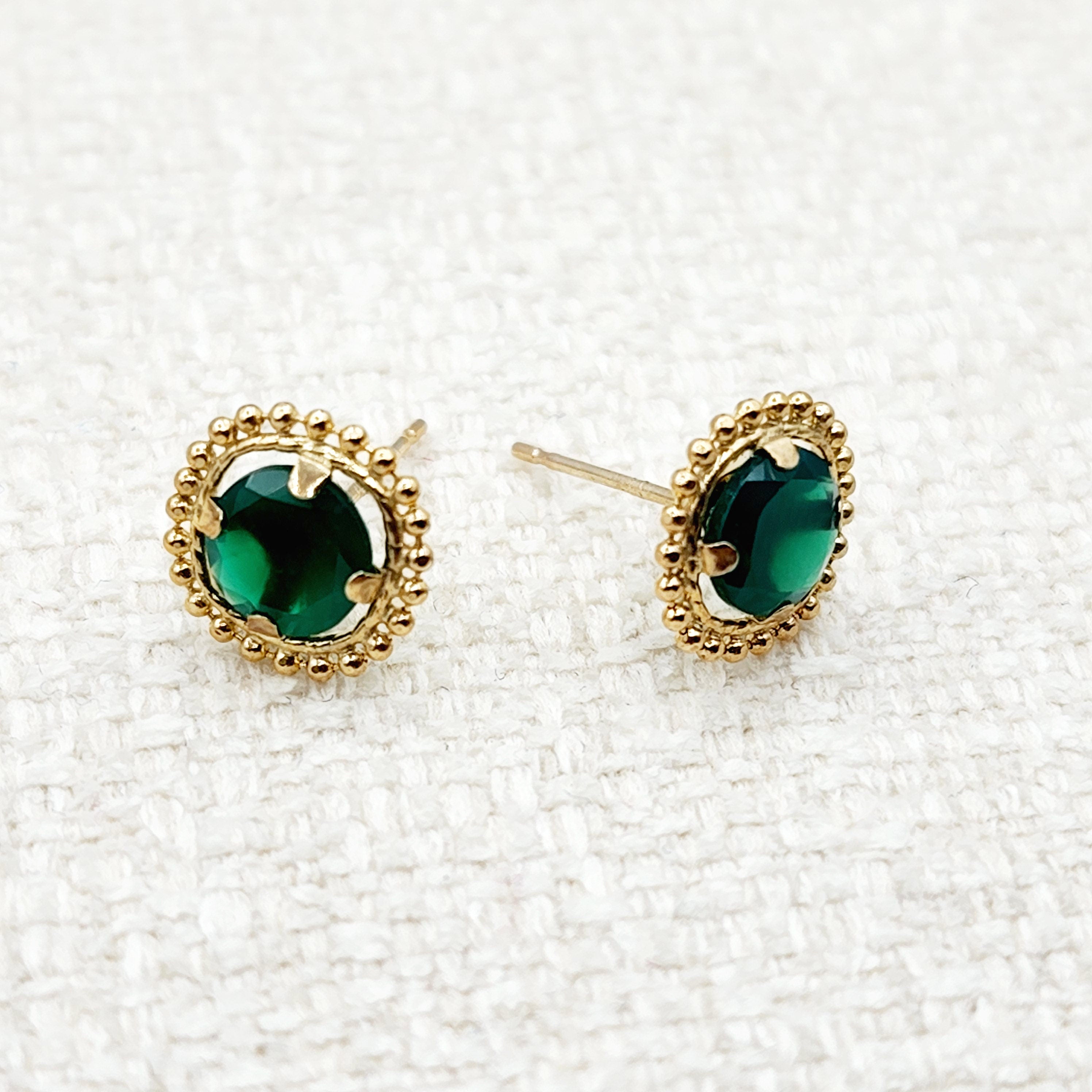 Gold Green Diopside Earrings, 10K Yellow Gold Milgrain Green Diopside 6x6mm Stud Earrings, Green Gemstone Earrings, Natural Beauty Jewelry
