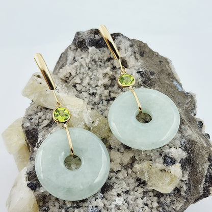 Gold Jade Drop Earrings, 14K Yellow Gold Jade Disc Earrings with Genuine Gemstones, Green Jade Jewelry, Gemstone Earrings