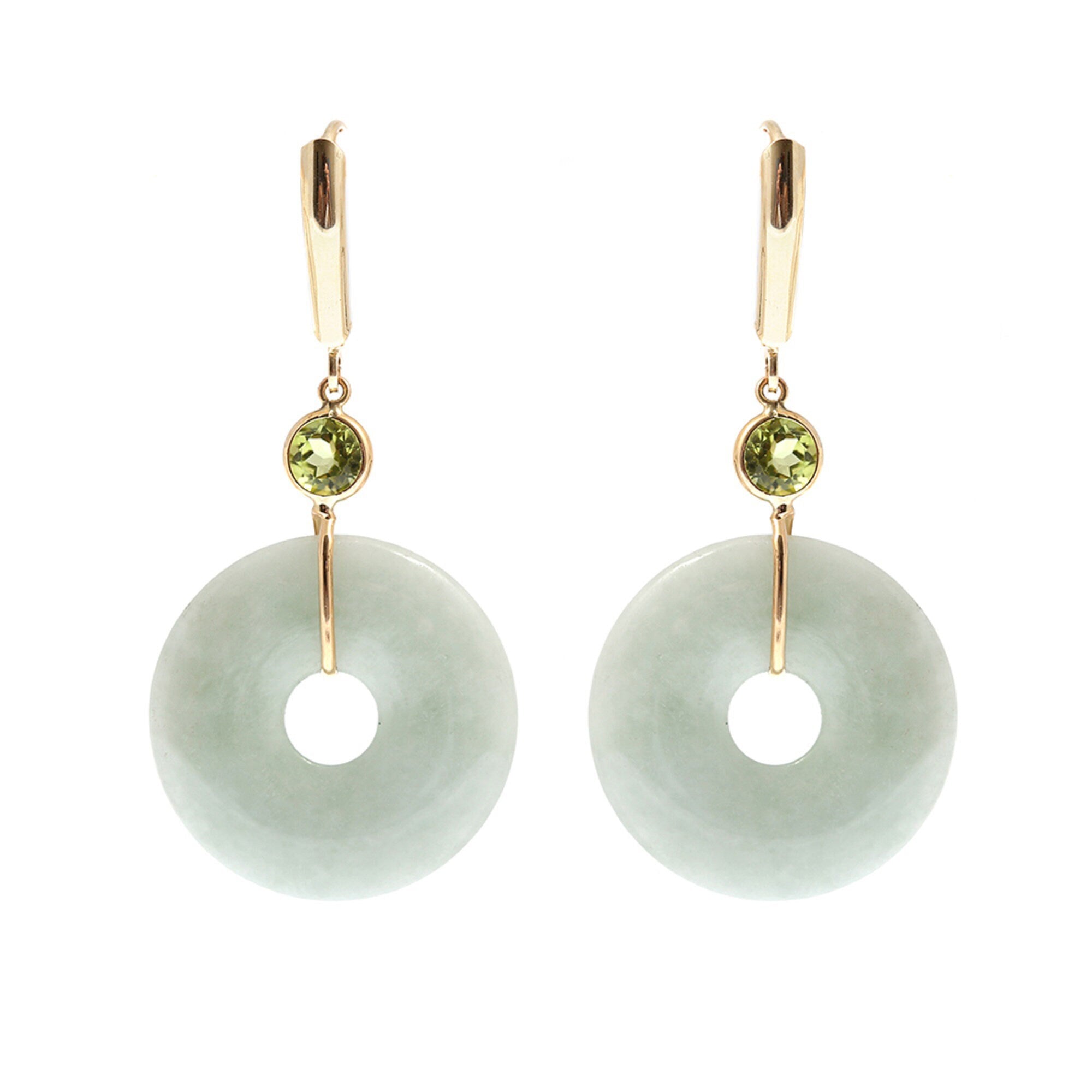 Gold Jade Drop Earrings, 14K Yellow Gold Jade Disc Earrings with Genuine Gemstones, Green Jade Jewelry, Gemstone Earrings