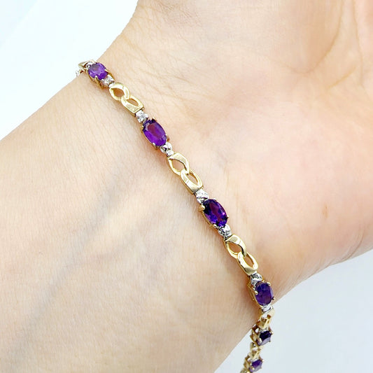 Gold Amethyst Bracelet, 10K Yellow Gold Natural Amethyst 2.3ct with Diamond Bracelet, February Birthstone, Gift Bracelet for women