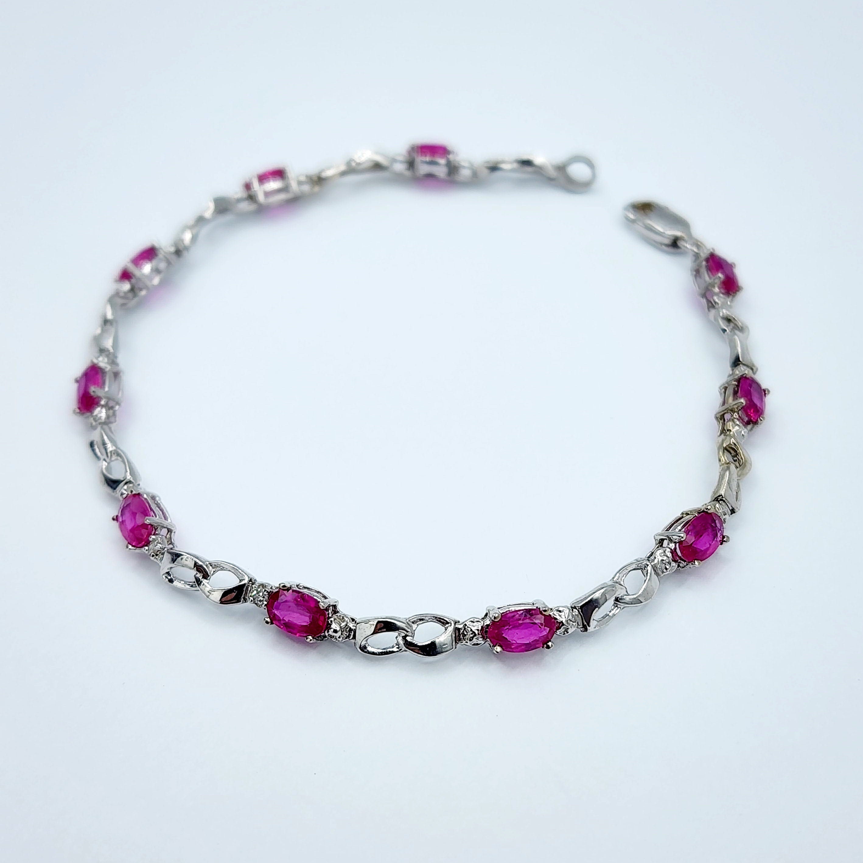 Gold Ruby Bracelet, 10K White Gold Ruby 2.3ct with Diamond Bracelet, July Birthstone,  Bracelet For Women, Birthday Gift For Her