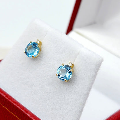 Blue Topaz Earrings | 10K Yellow Gold Blue Topaz with Diamond Stud Earrings