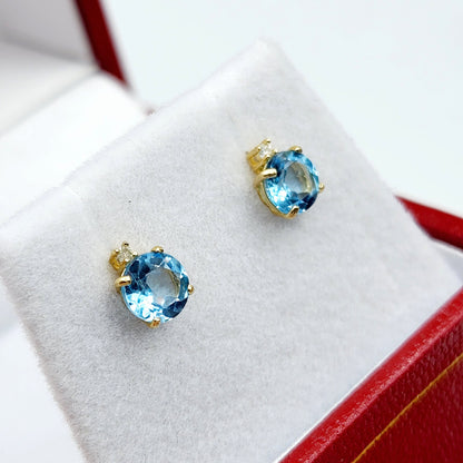 Blue Topaz Earrings | 10K Yellow Gold Blue Topaz with Diamond Stud Earrings