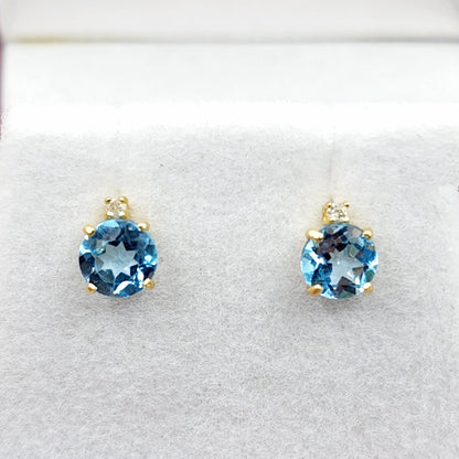 Blue Topaz Earrings | 10K Yellow Gold Blue Topaz with Diamond Stud Earrings