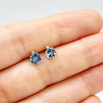 Blue Topaz Earrings | 10K Yellow Gold Blue Topaz with Diamond Stud Earrings