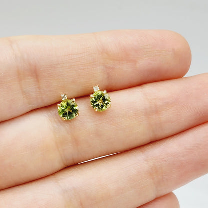 Gold Peridot Stud Earrings, 10K Yellow Gold Peridot 5x5mm with Diamond Stud Earrings, Green Gemstone, August Birthstone Jewelry for Women