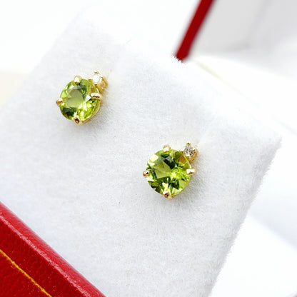 Gold Peridot Stud Earrings, 10K Yellow Gold Peridot 5x5mm with Diamond Stud Earrings, Green Gemstone, August Birthstone Jewelry for Women